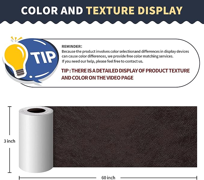 ONine Leather Repair Patch，Leather Repair Tape, 3 x 60 inches Leather Repair Patch for Furniture,Vinyl Repair Kit，Leather Couch Patch，for Sofas, Furniture, Car Seats, Office Chairs(Dark Brown)