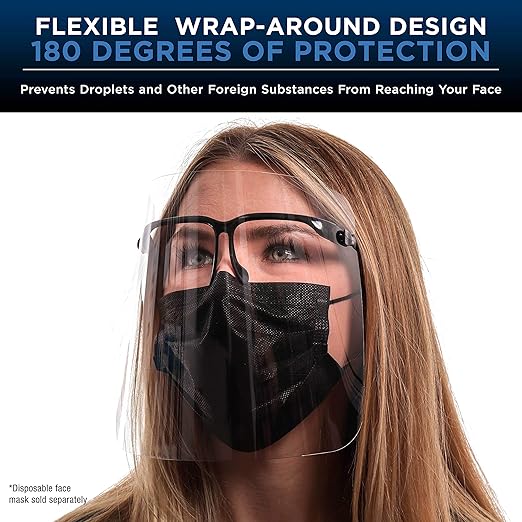 TCP Global Salon World Safety Face Shields with Black Glasses Frames (20 Packs of 10) - Ultra Clear Protective Full Face Shields to Protect Eyes, Nose, Mouth - Anti-Fog PET Plastic, Goggles