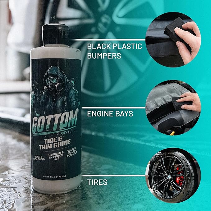 Gottom Tire & Trim Shine – 128oz, Scented Boosted Colada - Ultra High Gloss for Plastic Trim & Wheels – Water-Based Dressing – Car Tire Cleaner & Dressing – Car Detailing Supplies