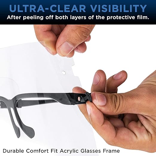 TCP Global Salon World Safety Face Shields with Black Glasses Frames (20 Packs of 4) - Ultra Clear Protective Full Face Shields to Protect Eyes, Nose, Mouth - Anti-Fog PET Plastic, Goggles