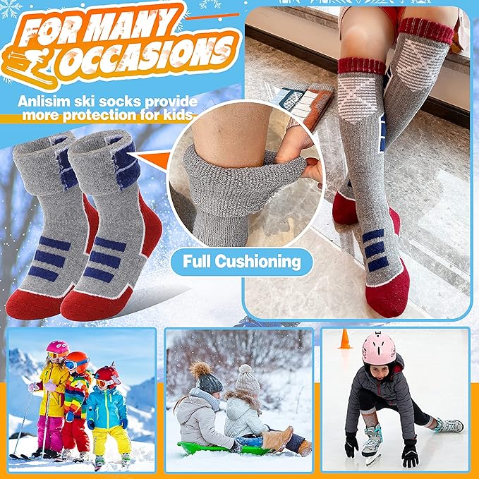Anlisim Kids Merino Wool Ski Socks 3 Pairs Girls Boys Thermal Winter Warm Thick Breathable Socks for Skiing Snowboarding