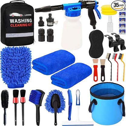LIANXIN 37Pcs Car Wash Kit Cleaning Kits with Foam Gun Sprayer Bucket Towels Tire Brush Wash Mitt Sponge Duster Brush Car Wash Detailing Kit is Complete Car Care Tools