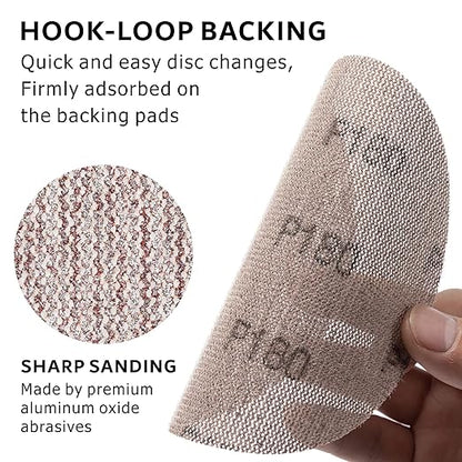 180GRIT 50pcs 5-Inch Mesh Abrasive Sanding Discs Hook & Loop Sandpaper, Dust Free Anti-Blocking Net Sandpaper Sheets for Auto Body, Wood, Drywall, Metal
