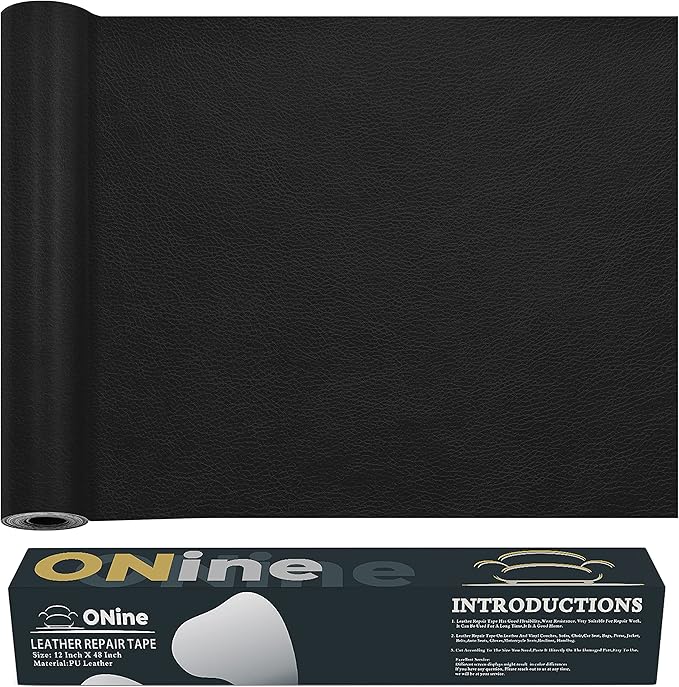 ONine Leather Repair Patch，Leather Repair Tape, 12 x 48 inches Leather Repair Patch for Furniture,Vinyl Repair Kit，Leather Couch Patch，for Sofas, Furniture, Car Seats, Office Chairs(Black)