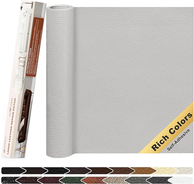 KING MOUNTAIN Leather Repair Patch,12 x 60 Inches self Adhesive Leather Repair Tape for Damaged Leather Furniture, Sofa Seating,Car Seats, Leather Goods（Light Grey）