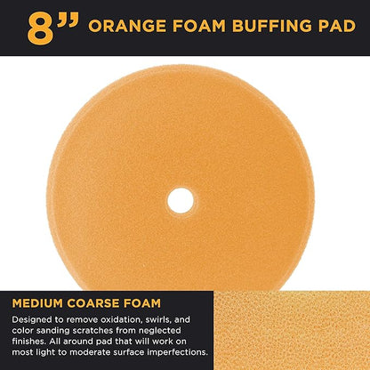 TCP Global 8" Orange Foam Buffing Pad Extra Coarse Cutting Polish Hook and Loop Backing - Buffing Pad for Automotive, Marine, Truck, RV & Compound Cutting