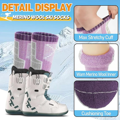 Anlisim Kids Merino Wool Ski Socks 3 Pairs Girls Boys Thermal Winter Warm Thick Breathable Socks for Skiing Snowboarding