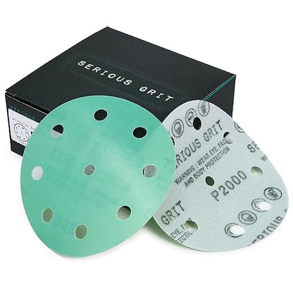 Serious Grit - 5-Inch 9-Hole 2000 Grit Sanding Discs - Heavy-Duty Hook & Loop Film Discs - Sandpaper for Random Orbital Sanders - 50 Pack Box