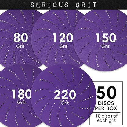 Serious Grit 6-Inch Assorted Grit Ceramic Multi-Hole Hook & Loop Sanding Discs - Advanced Grain for Fast Cutting & Long Life - Film-Backed Universal Fit Sandpaper for 6-in Sanders - 50 Pack Box