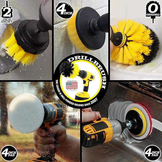 Drill Brush Attachment Multipurpose House Cleaning Supplies Set: Nylon Toilet Brush Kit, Lemon Lime Scented Cleaning Paste, Scrub Pads - Bathroom & Kitchen Tile Grout Cleaner - Household Essentials