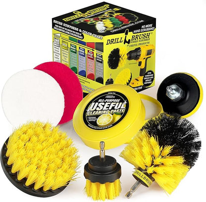 Drill Brush Attachment Multipurpose House Cleaning Supplies Set: Nylon Toilet Brush Kit, Lemon Lime Scented Cleaning Paste, Scrub Pads - Bathroom & Kitchen Tile Grout Cleaner - Household Essentials