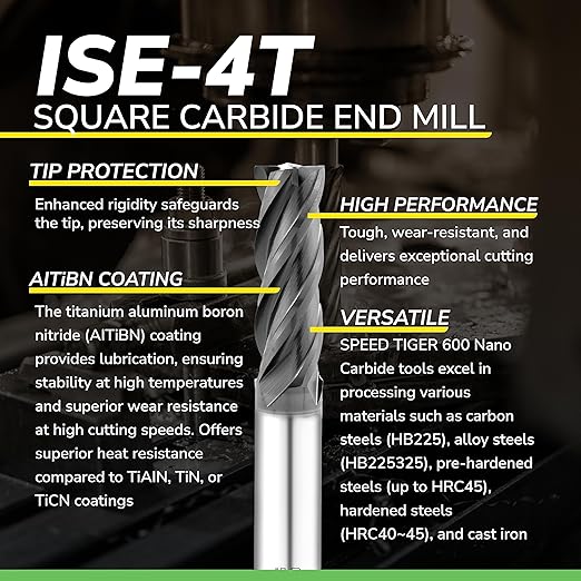 SPEED TIGER Micrograin Carbide Square End Mill - 4 Flute - ISE1/16 4T (5 Pieces, 1/16") - for Milling Alloy Steels, Hardened Steel, Metal & More – Mill Bits Sets for DIYers & Professionals