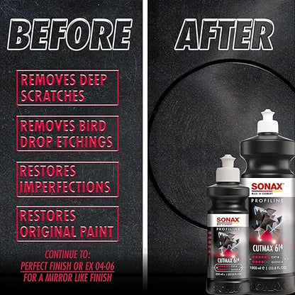 SONAX CutMax Cutting Compound | High-Abrasive Paint Correction Polish for P1500 Grit Sanding Marks | Silicone-Free, Dust-Free, and Odorless | Long Buffing Cycle for Severe Weathered Paint | 24650 | 5L
