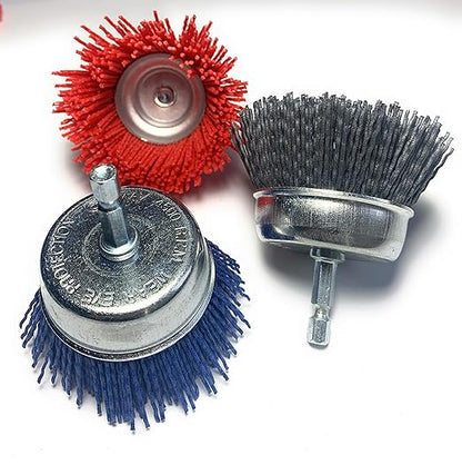 Signi 12 Pack Nylon Bristle Filament Abrasive Brush Drill Wheel and Cup Brush Set with 1/4 Inch Shank, Surface prep Remove Rust/Corrosion/Paint (3" Wheel, Hex Shank)