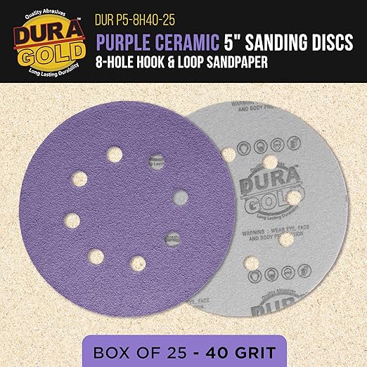 Dura-Gold Premium 40 Grit 5" Purple Film Ceramic Sanding Discs, 8-Hole Pattern, Box of 25 - Dustless Hook & Loop Backing Sandpaper for DA & Random Orbital Sanders - Sand Auto Paint, Wood, Woodworking