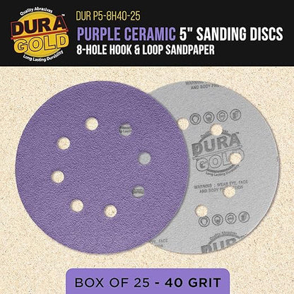 Dura-Gold Premium 40 Grit 5" Purple Film Ceramic Sanding Discs, 8-Hole Pattern, Box of 25 - Dustless Hook & Loop Backing Sandpaper for DA & Random Orbital Sanders - Sand Auto Paint, Wood, Woodworking