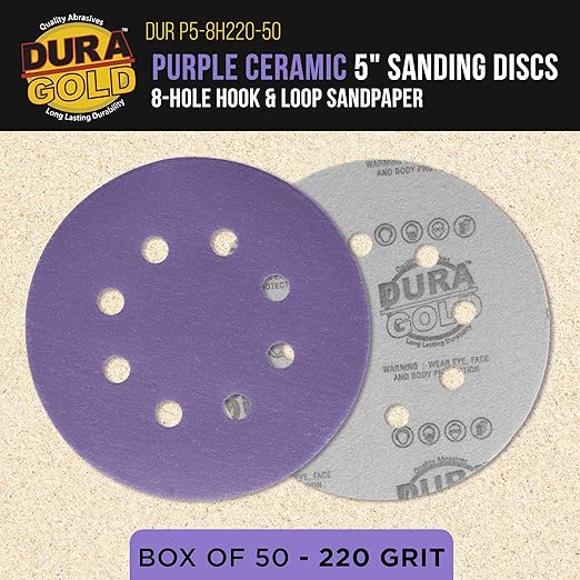Dura-Gold Premium 220 Grit 5" Purple Film Ceramic Sanding Discs, 8-Hole Pattern, Box of 50 - Dustless Hook & Loop Backing Sandpaper for DA & Random Orbital Sanders - Sand Auto Paint, Wood, Woodworking