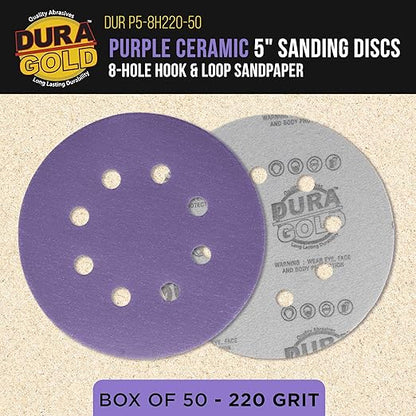 Dura-Gold Premium 220 Grit 5" Purple Film Ceramic Sanding Discs, 8-Hole Pattern, Box of 50 - Dustless Hook & Loop Backing Sandpaper for DA & Random Orbital Sanders - Sand Auto Paint, Wood, Woodworking