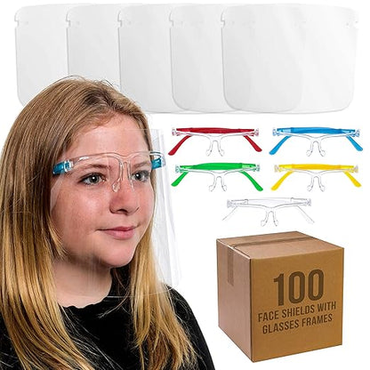 TCP Global Salon World Safety 100 Kids Face Shields with Glasses Frames (20 Packs of 5) - 5 Colors, 20 Each - Protective Children's Full Face Shields to Protect Eyes Nose Mouth - Anti-Fog PET Plastic