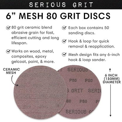 Serious Grit - 6-Inch 80 Grit Ceramic Mesh Sanding Discs - Hook & Loop Dust-Free Net Abrasive for Wood, Drywall, Paint, Auto Body - Long Life Ceramic Grain - Universal Fit 125mm Sandpaper - 50 Pack