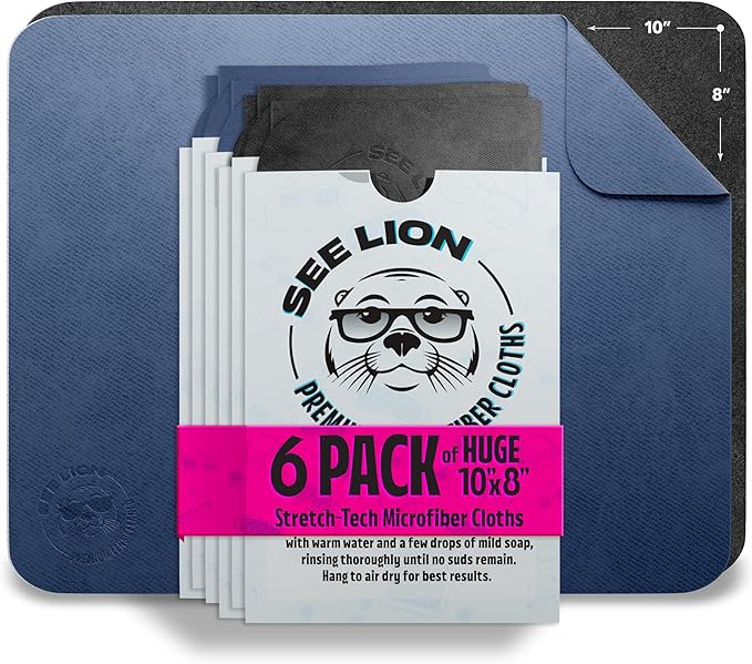 cellhelmet See Lion Swipes | Microfiber Lens Cleaning Cloths – Ultrasoft, Reusable Wipes for Glasses, Screens, and Lenses (Black/Navy, 6-Pack)