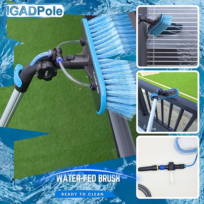 IGADPole 20 FT Water-Fed Washing Kit with Soap-Dispenser, Brush, 10″ Squeegee & Cobweb Duster for Windows, Gutters, Solar Panels & Exterior Walls