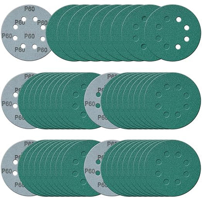5 Inch 8 Hole Sanding Discs, 50 Pcs Wer Dry Sandpaper 60 Grit Hook and Loop Green Polyester Film Backed Sanding Disc for Random Orbital Sander Wood Car Metal Plastic (60 Grit, 50 Pack)