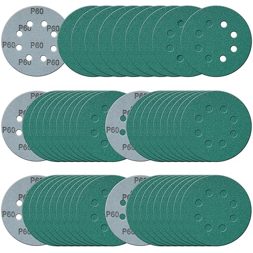 5 Inch 8 Hole Sanding Discs, 50 Pcs Wer Dry Sandpaper 60 Grit Hook and Loop Green Polyester Film Backed Sanding Disc for Random Orbital Sander Wood Car Metal Plastic (60 Grit, 50 Pack)