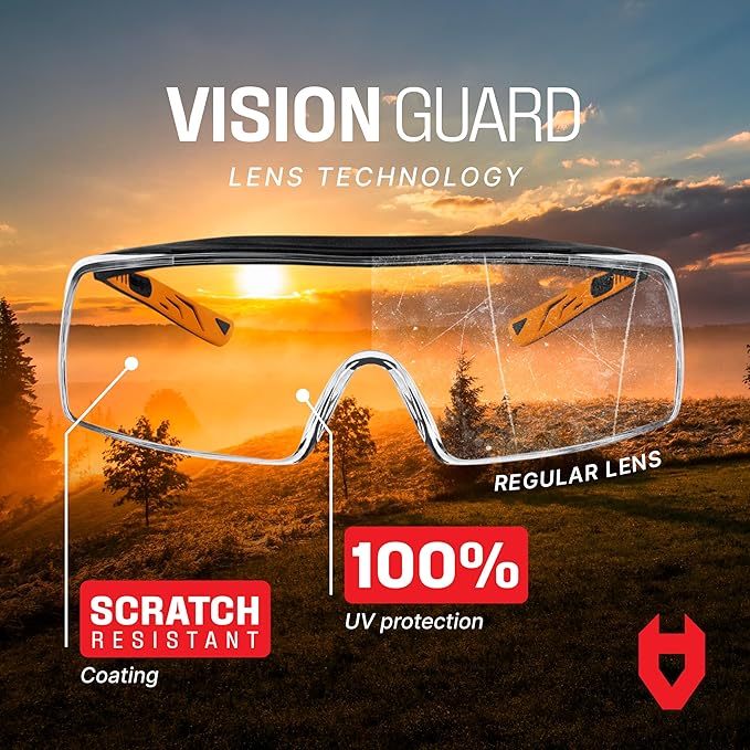 NoCry Safety Glasses That Fit Over Your Prescription Eyewear. Clear Anti-Scratch Wraparound Lenses, UV400 Protection, ANSI Z87 & OSHA Certified. Use in the Lab, Travelling, Black & Orange (10-pack)