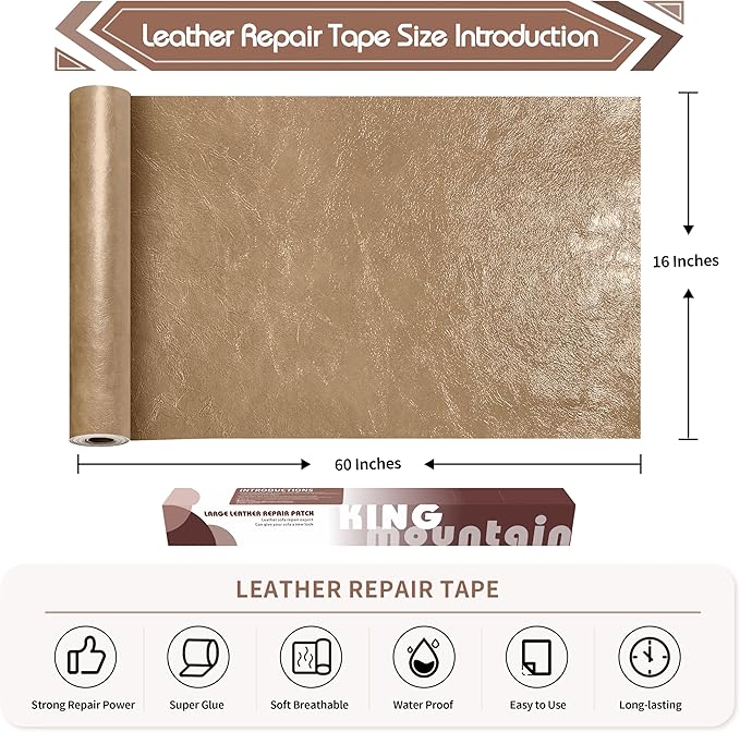 KING MOUNTAIN Leather Repair Patch,16 x 60 Inches self Adhesive Leather Repair Tape for Damaged Leather Furniture, Sofa Seating,Car Seats, Leather Goods（Khaki）