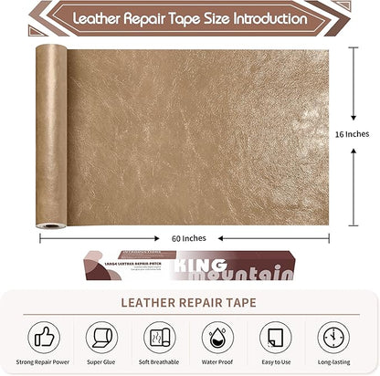KING MOUNTAIN Leather Repair Patch,16 x 60 Inches self Adhesive Leather Repair Tape for Damaged Leather Furniture, Sofa Seating,Car Seats, Leather Goods（Khaki）