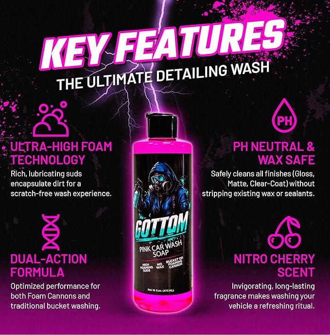 Gottom Car Wash Soap, Pink, 1 Gallon (128 oz), Nitro Cherry Scent - High Suds Car Shampoo for Foam Cannon & Bucket Wash, pH Neutral Foam Soap, Safe for Paint & Sealants