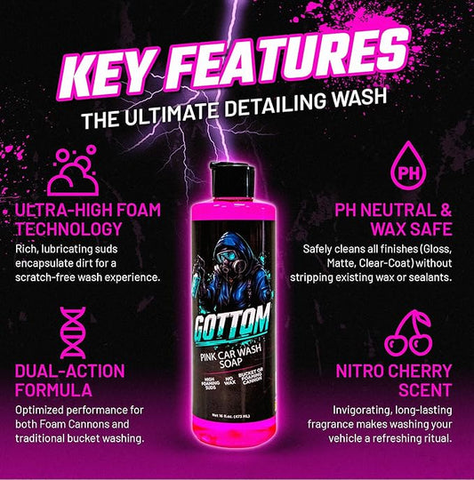 Gottom Car Wash Soap, Pink, 1 Gallon (128 oz), Nitro Cherry Scent - High Suds Car Shampoo for Foam Cannon & Bucket Wash, pH Neutral Foam Soap, Safe for Paint & Sealants