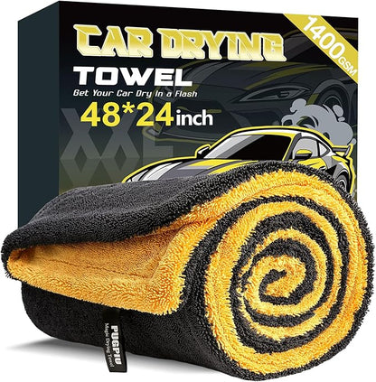 PUGPIU Microfiber Car Drying Towel Extra Large Super Absorbent 48"X24", 1400 GSM Flash Detail Car Wash Drying Towel Edgeless with Two Sided Soft Twisted-Loop, No Water Spots Streaks for Cars (Yellow)