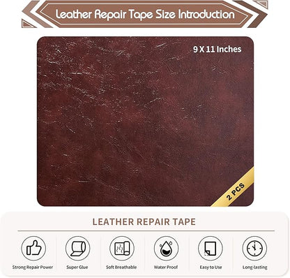KING MOUNTAIN Leather Repair Patch,2 Packs 9 x 11 Inches self Adhesive Leather Repair Tape for Damaged Leather Furniture, Sofa Seating,Car Seats, Leather Goods（Red Brown）