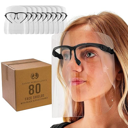 TCP Global Salon World Safety Face Shields with Black Glasses Frames (20 Packs of 4) - Ultra Clear Protective Full Face Shields to Protect Eyes, Nose, Mouth - Anti-Fog PET Plastic, Goggles
