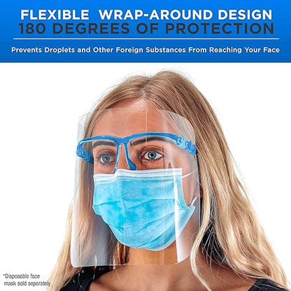 TCP Global Salon World Safety Face Shields with Blue Glasses Frames (Case of 200) - Ultra Clear Protective Full Face Shields to Protect Eyes, Nose, Mouth - Anti-Fog PET Plastic, Goggles