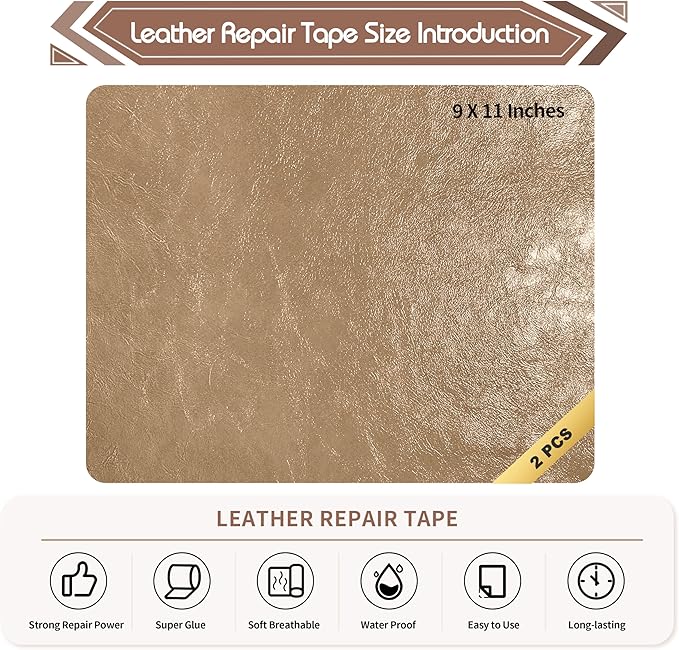 KING MOUNTAIN Leather Repair Patch,2 Packs 9 x 11 Inches self Adhesive Leather Repair Tape for Damaged Leather Furniture, Sofa Seating,Car Seats, Leather Goods（Khaki）