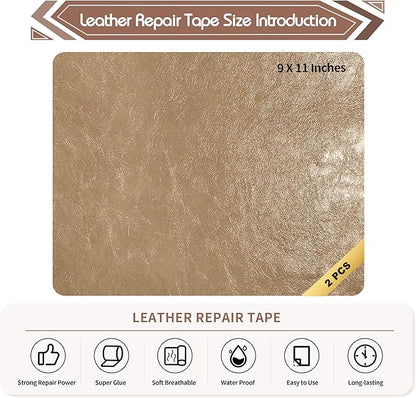 KING MOUNTAIN Leather Repair Patch,2 Packs 9 x 11 Inches self Adhesive Leather Repair Tape for Damaged Leather Furniture, Sofa Seating,Car Seats, Leather Goods（Khaki）