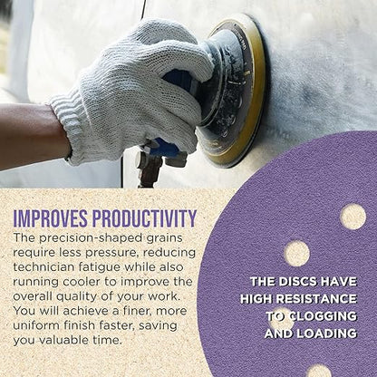 Dura-Gold Premium 100 Grit 5" Purple Film Ceramic Sanding Discs, 8-Hole Pattern, Box of 50 - Dustless Hook & Loop Backing Sandpaper for DA & Random Orbital Sanders - Sand Auto Paint, Wood, Woodworking