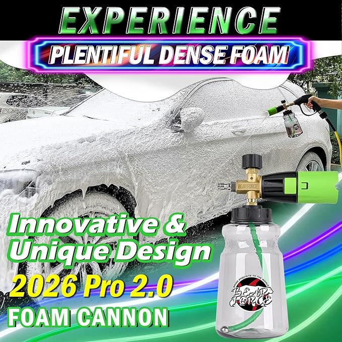 BEAR FORCE Innovative Pressure Washer Foam Cannon Pro+ (Thicker Foam, 3 Times of Life), 2026 Car Wash Snow Foam Blaster with One-Click Disassembly Technology + 1/4" Quick Plug, 34oz Bottle