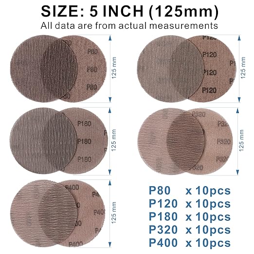 50pcs 5-Inch Mesh Abrasive Sanding Discs Hook & Loop Sandpaper, Each 10pcs of Grit 80 120 180 320 400 Dust Free Anti-Blocking Net Sandpaper Sheets for Auto Body, Wood, Drywall, Metal