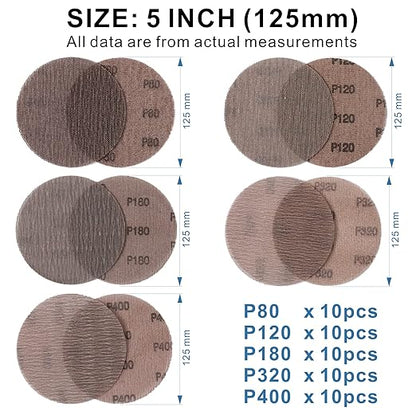 50pcs 5-Inch Mesh Abrasive Sanding Discs Hook & Loop Sandpaper, Each 10pcs of Grit 80 120 180 320 400 Dust Free Anti-Blocking Net Sandpaper Sheets for Auto Body, Wood, Drywall, Metal