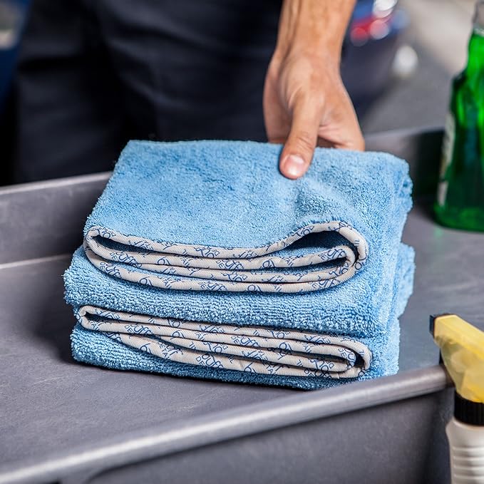 Detail Microfiber Car Towels Bulk (24"x 36") | 400 GSM | 80/20 Blend | Tagless | Soft Satin Piped Edges | All-Purpose Auto Detailing - Wax, Buff, Polish, Wash, Dry | Case of 64 (Blue)