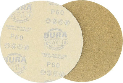 Dura-Gold Premium 60 Grit 6" Gold Sandpaper Discs, No Hole Pattern Dustless, Box of 25, Hook & Loop Backing for DA Sander, Finishing Coarse Sanding Abrasive Automotive Paint, Woodworking Wood, Metal