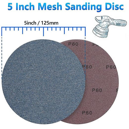 5 Inch Premium Ceramic Mesh Sanding Discs 50 PCS, 60/80/120/180/240 Grit, Dust Free Hook and Loop Round Anti-Clogging Sandpaper Disc for Random Orbital Sander
