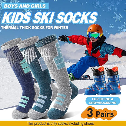 Anlisim Kids Merino Wool Ski Socks 3 Pairs Girls Boys Thermal Winter Warm Thick Breathable Socks for Skiing Snowboarding