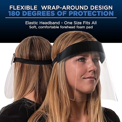Salon World Safety Black Face Shields - Ultra Clear Protective Full Face Shields to Protect Eyes, Nose and Mouth - Anti-Fog PET Plastic, Elastic Headband - Sanitary Droplet Splash Guard (Pack of 4)