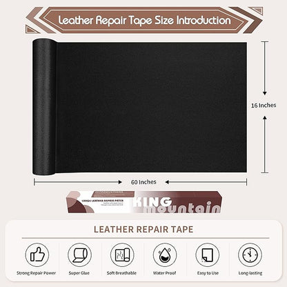 KING MOUNTAIN Leather Repair Patch, 16 x 60 Inches Self-Adhesive Repair Tape for Damaged Furniture, Seating, Car Seats, Goods (Fine Grained Black)
