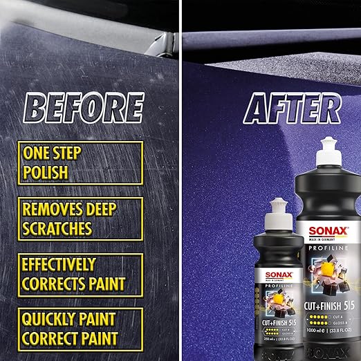 SONAX Cut & Finish 225300 | High Performing Polish/Compound | Rated 5 Cut & 5 Gloss | Removes Paint Defects, P1500 Sanding Marks & Water Spots | Long Work Time & Easy Wipe-Off | Silicone-Free | 1000ml